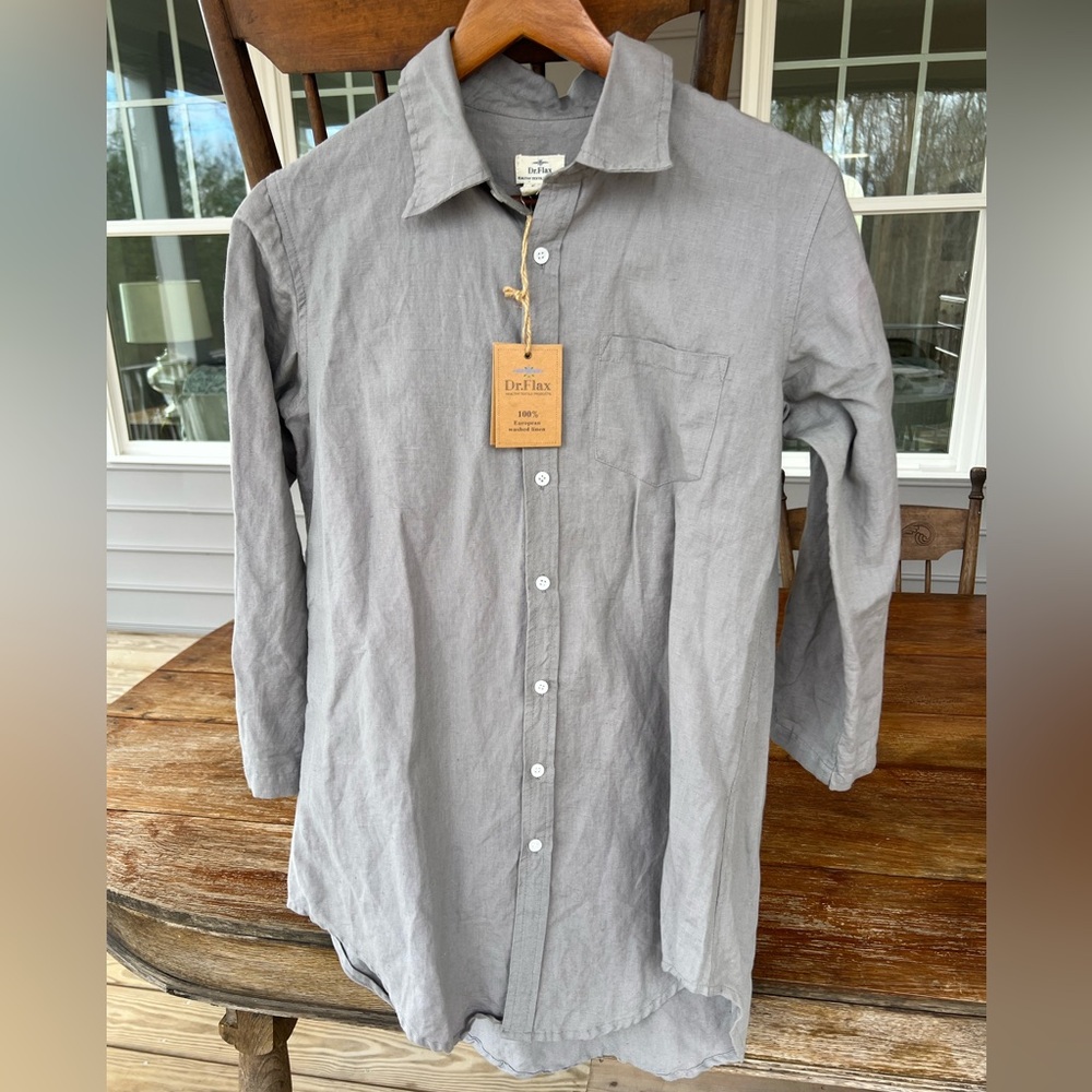 NWT Dr. Flax 100% Linen Button Down Shirt Gray S/M Lagenlook Coastal